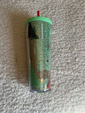 Starbucks Green Glitter Tumbler with Red Straw and Gold Accents